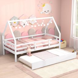 Gymax Kids House Bed Daybed Frame With Trundle Full Length Guardrails & Roof in White - Size: Single - thumbnail 1