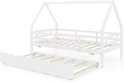 Gymax Kids House Bed Daybed Frame With Trundle Full Length Guardrails & Roof in White - Size: Single - thumbnail 2
