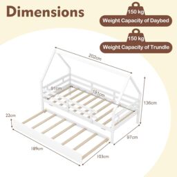 Gymax Kids House Bed Daybed Frame With Trundle Full Length Guardrails & Roof in White - Size: Single - thumbnail 3