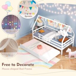 Gymax Kids House Bed Daybed Frame With Trundle Full Length Guardrails & Roof in White - Size: Single - thumbnail 4