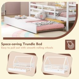 Gymax Kids House Bed Daybed Frame With Trundle Full Length Guardrails & Roof in White - Size: Single - thumbnail 6