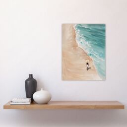 "Artery8 Lady in Hat Beach Walk Oil Painting Calm Summer Wall Art Print in Blue - Size: W24"" x H32""" - thumbnail 4