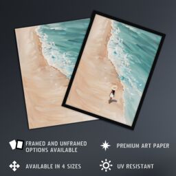 "Artery8 Lady in Hat Beach Walk Oil Painting Calm Summer Wall Art Print in Blue - Size: W24"" x H32""" - thumbnail 2
