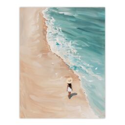 "Artery8 Lady in Hat Beach Walk Oil Painting Calm Summer Wall Art Print in Blue - Size: W24"" x H32""" - thumbnail 1