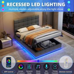 Merax PU Leather Ottoman 4ft6 Double Bed with RGB LED & Tufted Headboard in Grey - thumbnail 7