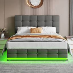 Merax PU Leather Ottoman 4ft6 Double Bed with RGB LED & Tufted Headboard in Grey - thumbnail 1
