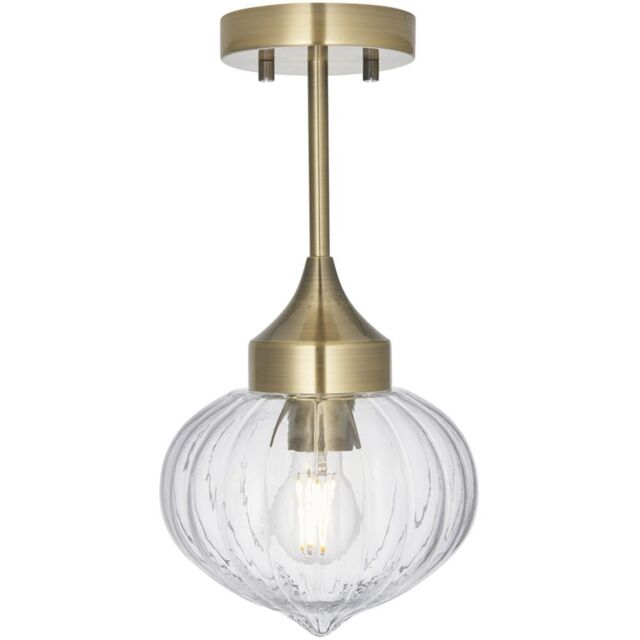 Loops Semi Flush Ceiling Light Fitting - Antique Brass Plate & Ribbed Glass Shade in Clear - image 1