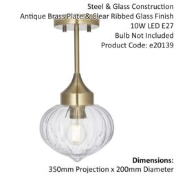 Loops Semi Flush Ceiling Light Fitting - Antique Brass Plate & Ribbed Glass Shade in Clear - thumbnail 2