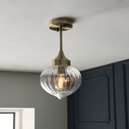 Loops Semi Flush Ceiling Light Fitting - Antique Brass Plate & Ribbed Glass Shade in Clear - thumbnail 5