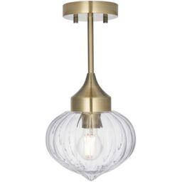 Loops Semi Flush Ceiling Light Fitting - Antique Brass Plate & Ribbed Glass Shade in Clear