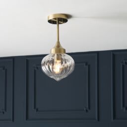 Loops Semi Flush Ceiling Light Fitting - Antique Brass Plate & Ribbed Glass Shade in Clear - thumbnail 4