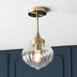 Loops Semi Flush Ceiling Light Fitting - Antique Brass Plate & Ribbed Glass Shade in Clear - thumbnail 3