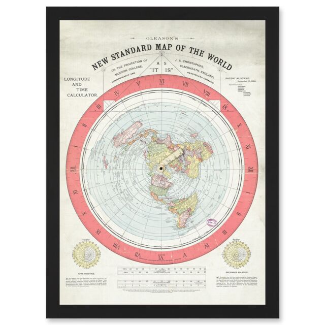 Artery8 1892 World Time Calculator Flat Earth Map Gleason A4 Artwork Framed Wall Art Print in Black - image 1
