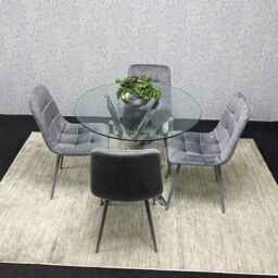 KOSY KOALA Modern Round Glass Dining Table Set With 4 Grey Velvet Chairs Dining Room Furniture in Brown - thumbnail 2