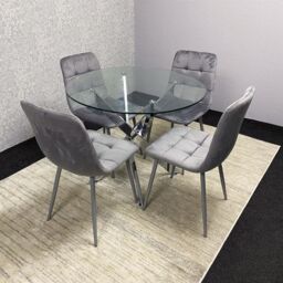 KOSY KOALA Modern Round Glass Dining Table Set With 4 Grey Velvet Chairs Dining Room Furniture in Brown - thumbnail 3