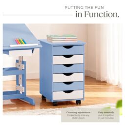 tectake Chest of Drawers, 6 Drawer Wooden Filing Cabinet with 4 Swivel Wheels in Blue - Size: 1 Pack - thumbnail 4