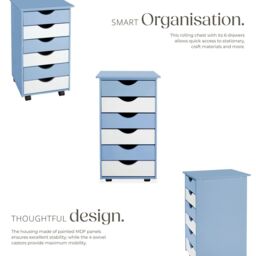 tectake Chest of Drawers, 6 Drawer Wooden Filing Cabinet with 4 Swivel Wheels in Blue - Size: 1 Pack - thumbnail 3