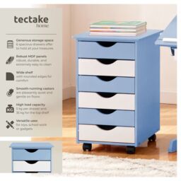 tectake Chest of Drawers, 6 Drawer Wooden Filing Cabinet with 4 Swivel Wheels in Blue - Size: 1 Pack - thumbnail 2