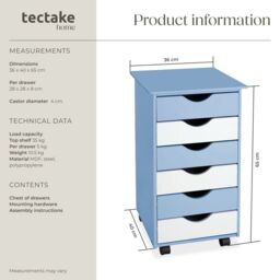 tectake Chest of Drawers, 6 Drawer Wooden Filing Cabinet with 4 Swivel Wheels in Blue - Size: 1 Pack - thumbnail 6