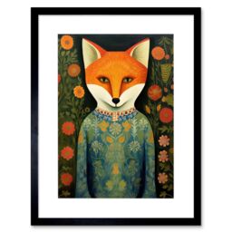 "Artery8 Wall Art Print Fox Flaunting Fancy Floral Frock Felicia Flower Field Fun Artwork Framed 9X7 Inch in Black - Size: W7"" x H9""" - thumbnail 1