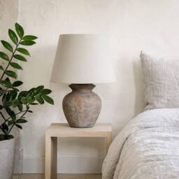 Wyld Haus Padua Distressed Brown Ceramic Table Lamp Neutral Fabric Shade - thumbnail 1