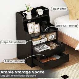 Costway LED Nightstand w/ Charging Station 2-Drawer Bedside Table W/ LED Light in Black - thumbnail 7