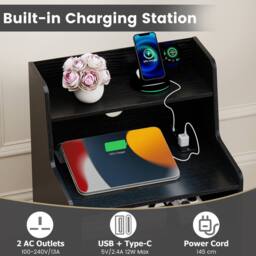 Costway LED Nightstand w/ Charging Station 2-Drawer Bedside Table W/ LED Light in Black - thumbnail 6