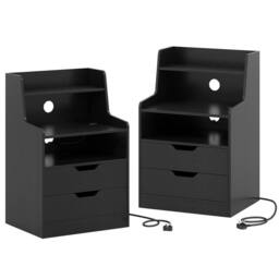 Costway LED Nightstand w/ Charging Station 2-Drawer Bedside Table W/ LED Light in Black - thumbnail 4