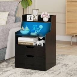 Costway LED Nightstand w/ Charging Station 2-Drawer Bedside Table W/ LED Light in Black