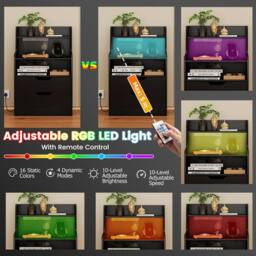 Costway LED Nightstand w/ Charging Station 2-Drawer Bedside Table W/ LED Light in Black - thumbnail 5