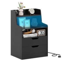 Costway LED Nightstand w/ Charging Station 2-Drawer Bedside Table W/ LED Light in Black - thumbnail 3