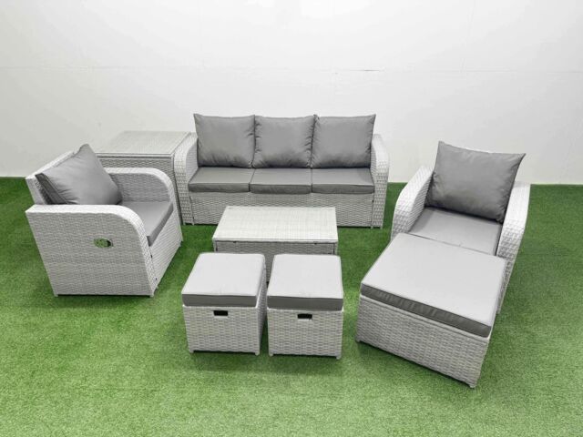 Fimous PE Rattan Garden Furniture Set Reclining Chair Sofa Lounge Sofa Set Oblong Coffee Table Side Table 3 Stools Light Grey - image 1