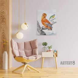 "Artery8 Two Exotic Birds Watercolour Painting Schouman Canvas Wall Art Print in White - Size: W12"" x H16""" - thumbnail 3