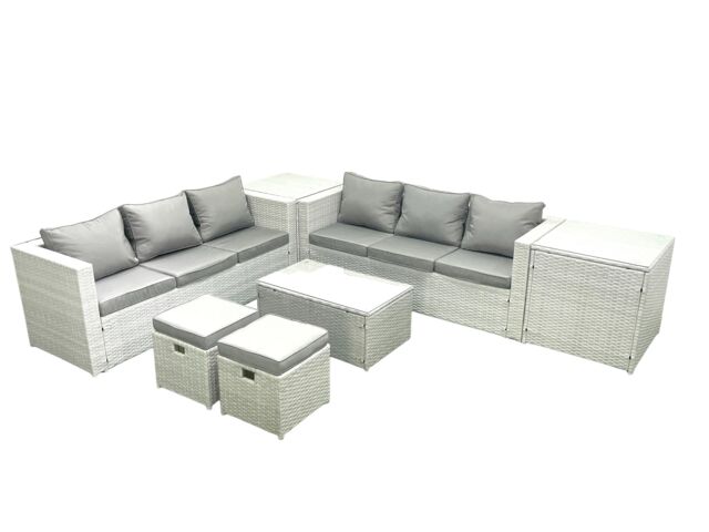 Fimous Garden Outdoor PE Rattan Furniture Set 8 Seater Rattan Garden Sofa Set with 2 Small Footstool 2 Side Tables Light Grey Mixed - image 1