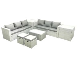 Fimous Garden Outdoor PE Rattan Furniture Set 8 Seater Rattan Garden Sofa Set with 2 Small Footstool 2 Side Tables Light Grey Mixed - thumbnail 1