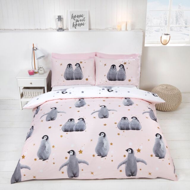Rapport Home Starry Penguins Polycotton Duvet Cover Set With Pillowcase in Pink - Size: Single - image 1
