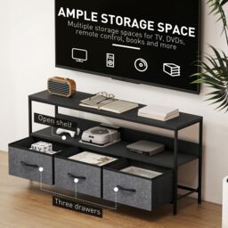 HOMCOM TV Cabinet, TV Console Unit with 3 Foldable Linen Drawers Black - thumbnail 6