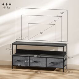 HOMCOM TV Cabinet, TV Console Unit with 3 Foldable Linen Drawers Black - thumbnail 3
