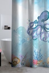 Catherine Lansfield 'Octopus' Shower Curtain Panel in Blue - Size: 180 cm width x 180 cm drop