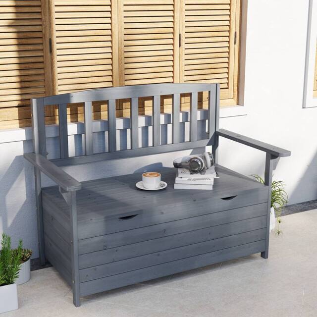 OUTSUNNY Garden Storage Bench, 2 Seater Fir Wood Outdoor Bench, Dark Grey - image 1