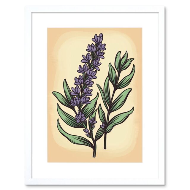"Artery8 Wall Art Print Lavender Flower Old School USA Tattoo Ink Body Art Rockabilly Americana 50s Artwork Framed 9X7 Inch in White - Size: W7"" x H9""" - image 1