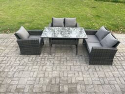 Fimous 5 Seater Wicker Rattan Garden Dining Set Outdoor Furniture Sofa with Dining Table Double Seat Sofa Dark Grey Mixed - thumbnail 1