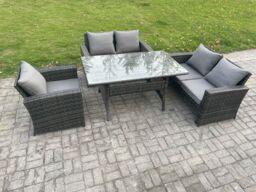 Fimous 5 Seater Wicker Rattan Garden Dining Set Outdoor Furniture Sofa with Dining Table Double Seat Sofa Dark Grey Mixed - thumbnail 2