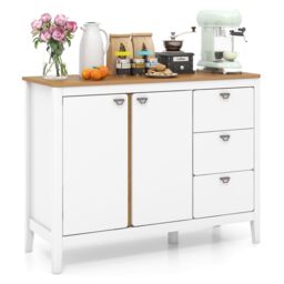 Costway Buffet Cabinet Wooden Kitchen Cupboard w/2 Door & 3 Pull-out Drawers in White - thumbnail 1