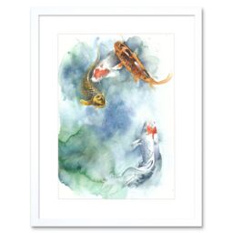"Artery8 Wall Art Print Japan Koi Fish Pond Art Framed 9x7 inch in White - Size: W7"" x H9""" - thumbnail 1