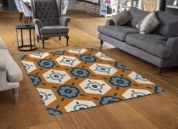 Benjamin Tate Design Rust Orange Background With Gray, Navy Blue & Beige Designer Rug in Natural - Size: Large - thumbnail 2