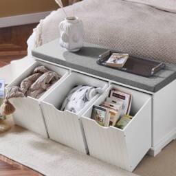 SoBuy Entrance Bench - Removable Cushion & 3 Storage Boxes in White - thumbnail 9