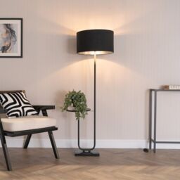 ValueLights Tavel Black Floor Lamp with Table & Black & Chrome Lamp Shade