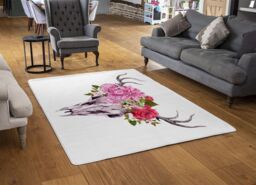 Benjamin Tate Design Deer Animal Skull With Flowers & Feathers Rug in Natural - Size: Large - thumbnail 2