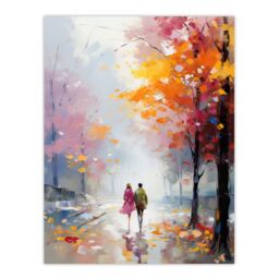 "Artery8 Wall Art Print Lovers Autumn Walk Painting Orange Pink Couple in Park Poster - Size: W18"" x H24""" - thumbnail 1